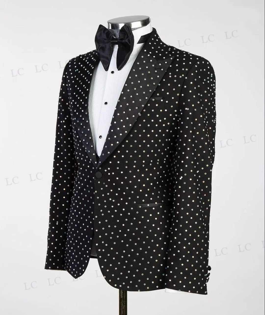 Stylish Black Sparkly 3-Piece Tuxedo Suit for Men with Beaded Crystals, Perfect for Wedding, Parties, and Special Events