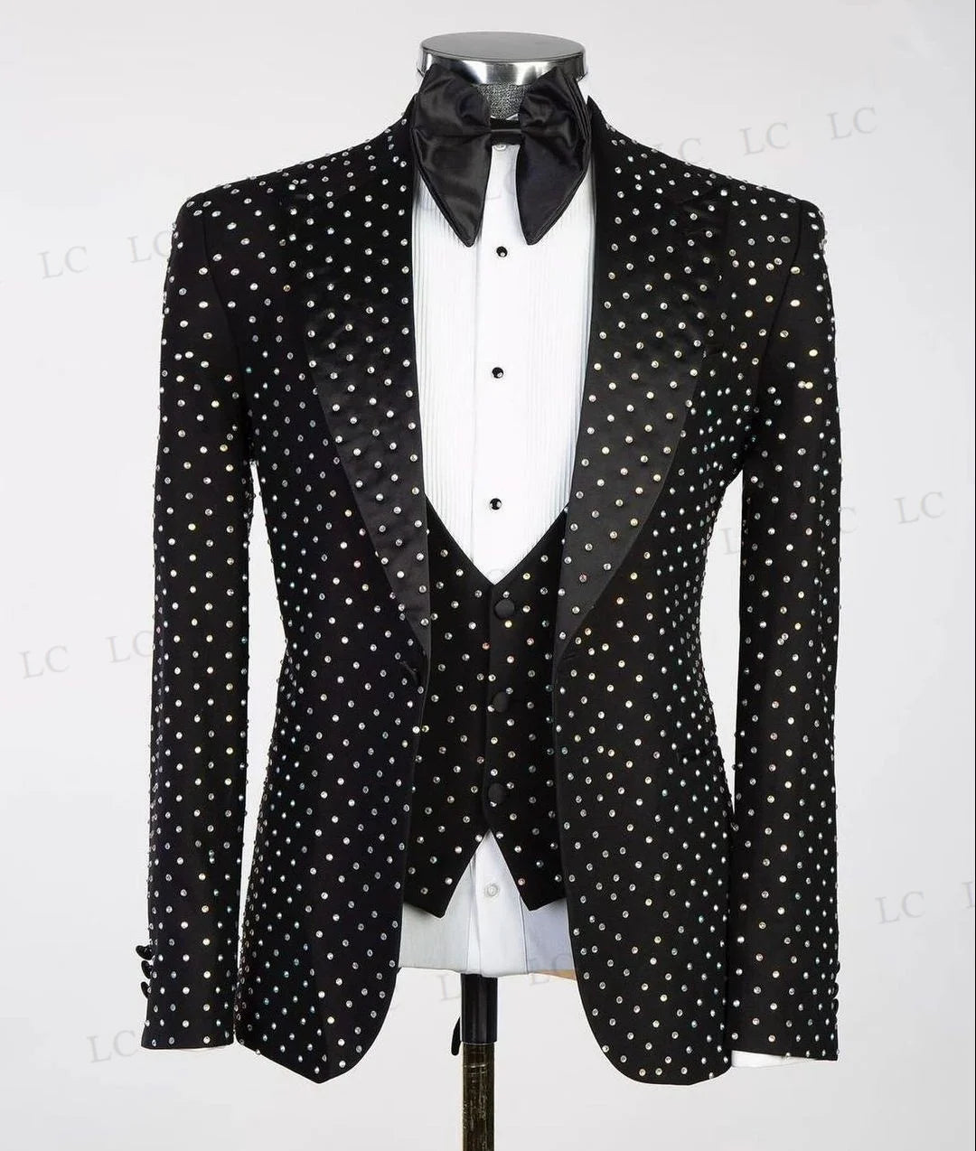 Stylish Black Sparkly 3-Piece Tuxedo Suit for Men with Beaded Crystals, Perfect for Wedding, Parties, and Special Events
