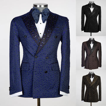 Costume de mariage scintillant pour homme, smoking à revers pointus, perles et cristaux, 2 pièces (blazer + pantalon), pour bal de promo, soirée, sur mesure