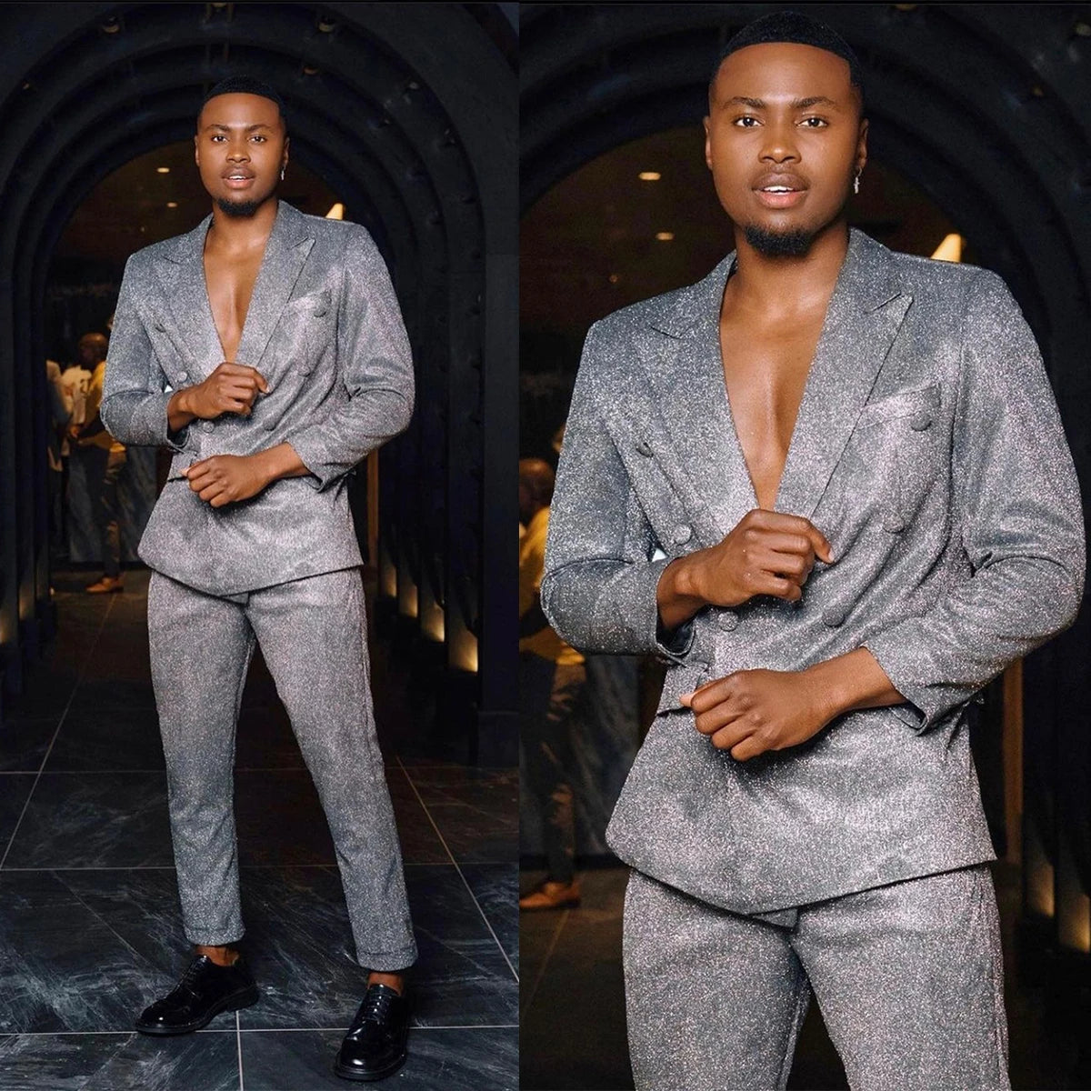 Trajes brillantes para hombre, a medida, de 2 piezas, blazer, pantalón, doble botonadura, solapa de pico, esmoquin, para boda, formal, a medida, talla grande