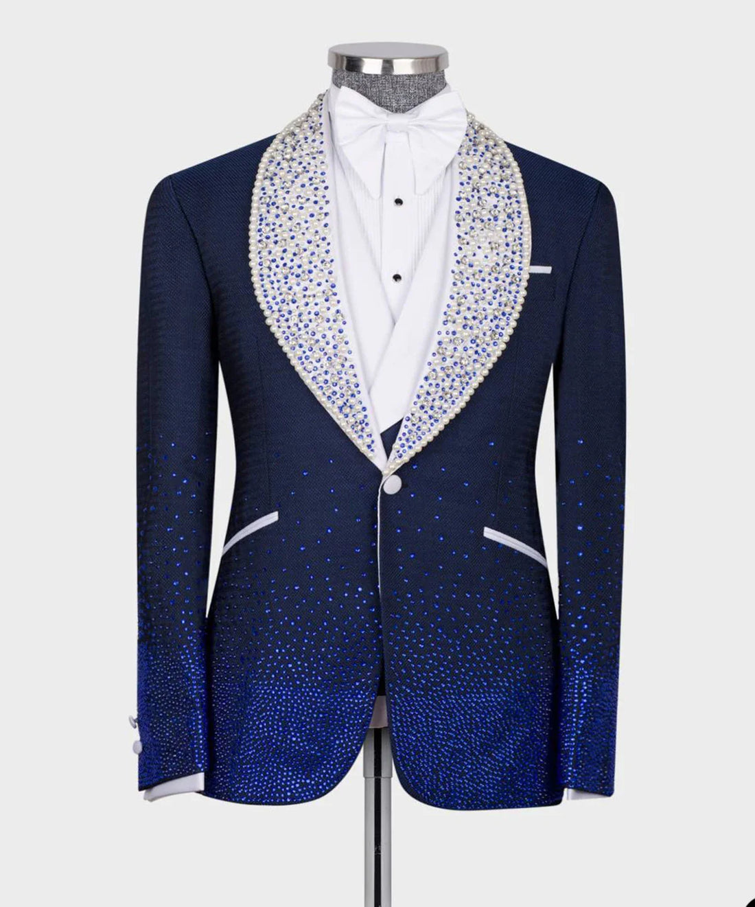 Sparkly Men's Suits Tailored 3 Pieces Blazer Vest Black Pants One Button Groom Sheer Lapel Diamonds Beaded Custom Made Plus Size