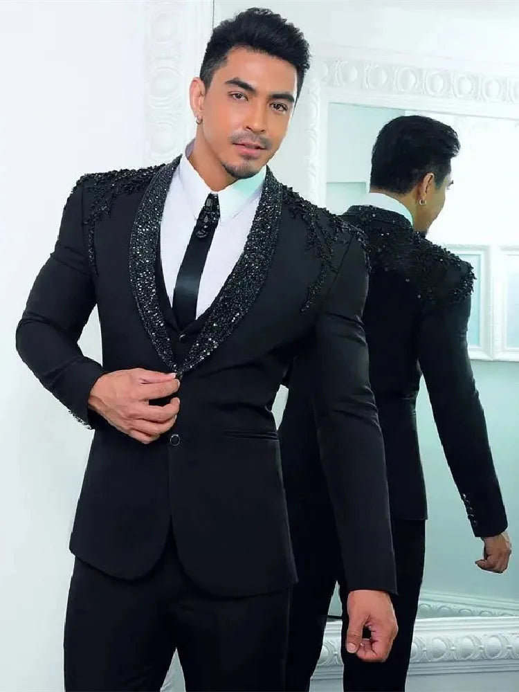 Trajes de hombre brillantes a medida, 3 piezas, blazer, chaleco, pantalón, botonadura sencilla, solapa transparente, formal, con cuentas, talla grande, esmoquin, hecho a medida