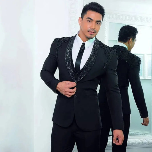 Sparkly Men's Suits Tailored 3 Pieces Blazer Vest Pants Single Breasted Sheer Lapel Formal Beads Plus Size Tuxedo Custom Made