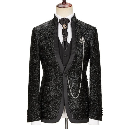 Sparkly Men's Suits Tailored 3 Pieces Sequins Blazer Vest Pants One Button No Lapel Wedding Groom Formal Custom Made Plus Size