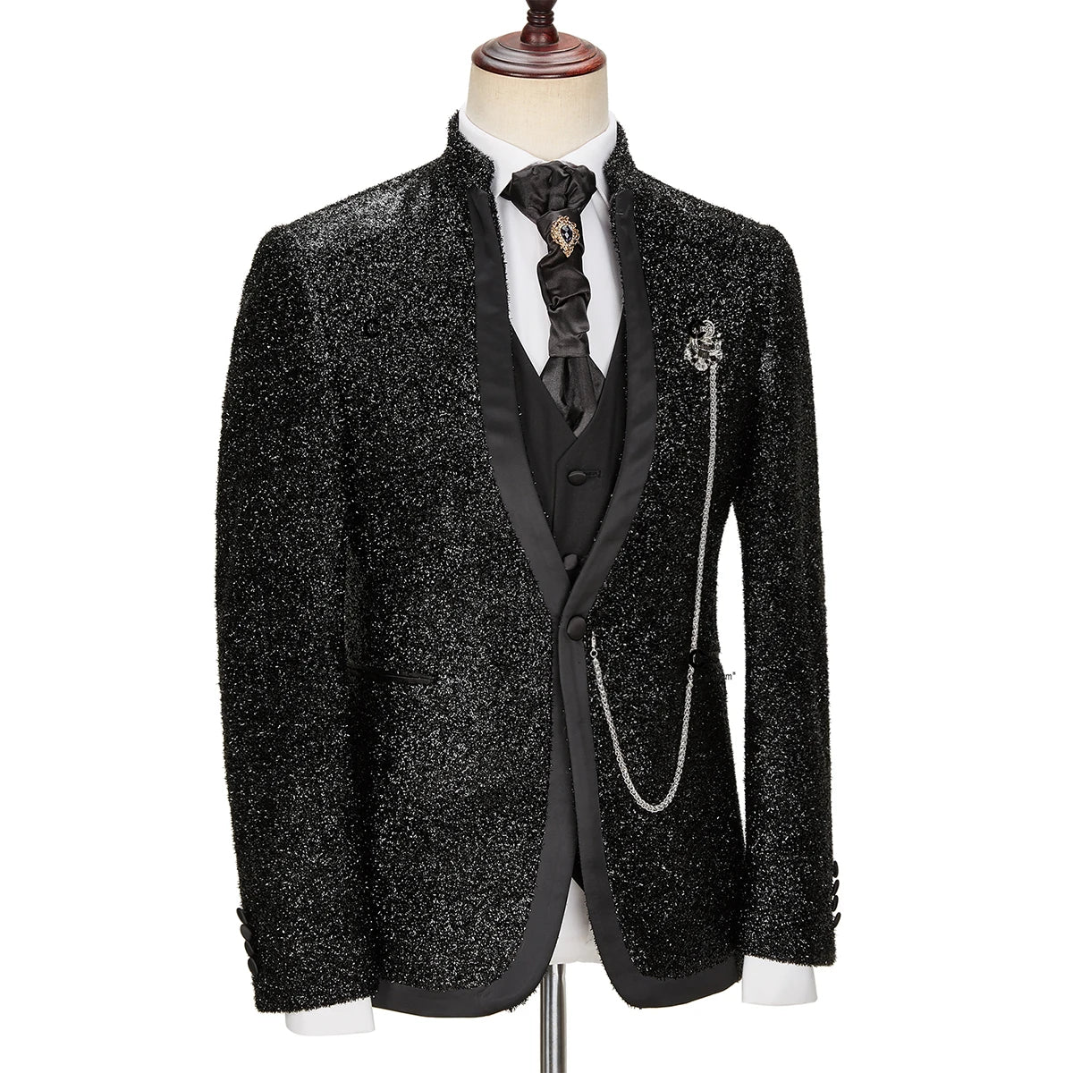 Sparkly Men's Suits Tailored 3 Pieces Sequins Blazer Vest Pants One Button No Lapel Wedding Groom Formal Custom Made Plus Size