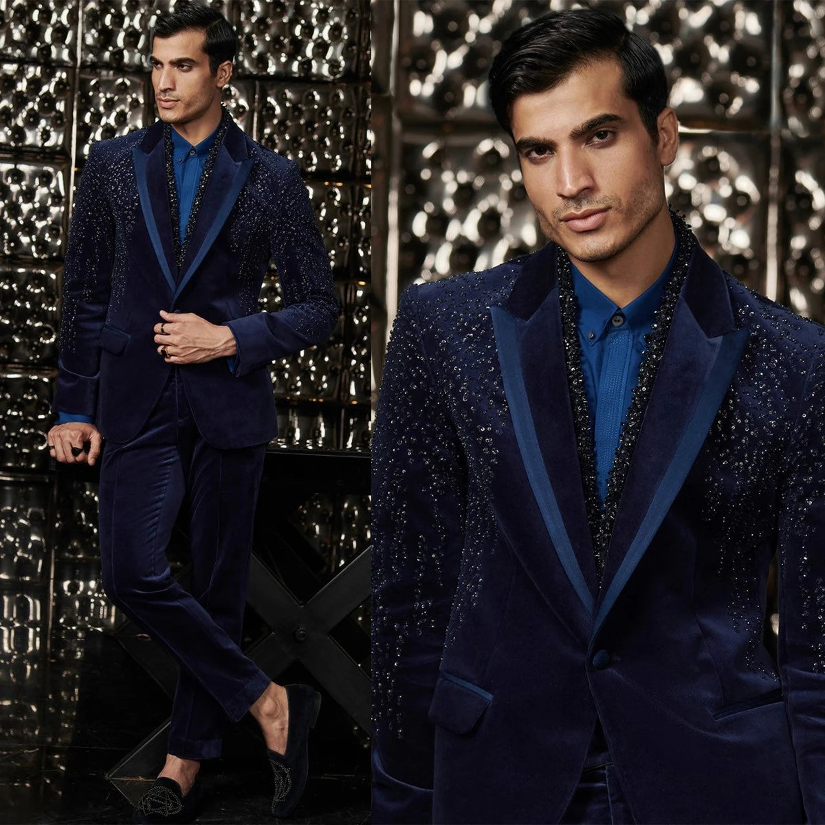 Trajes de boda brillantes para hombre, con lentejuelas y solapa de pico, para el novio, para el baile de graduación, personalizables, 2 piezas, chaqueta y pantalón. 