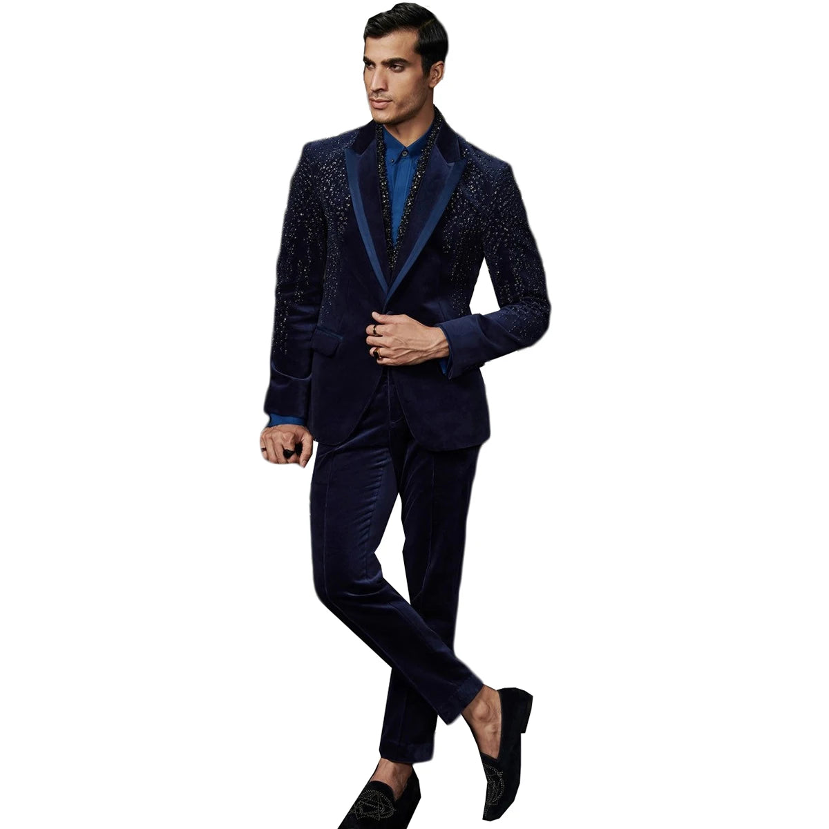 Trajes de boda brillantes para hombre, con lentejuelas y solapa de pico, para el novio, para el baile de graduación, personalizables, 2 piezas, chaqueta y pantalón. 