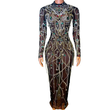 Robe longue noire scintillante en cristal pour femme, tenue de soirée luxueuse, de bal, de fête, d'anniversaire, de spectacle, de scène 