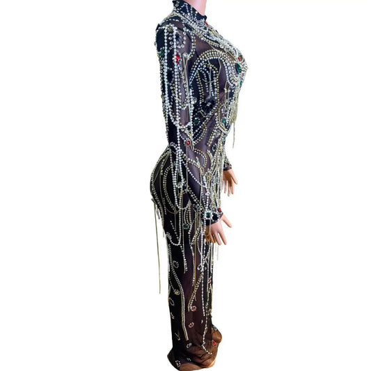 Robe longue noire scintillante en cristal pour femme, tenue de soirée luxueuse, de bal, de fête, d'anniversaire, de spectacle, de scène 