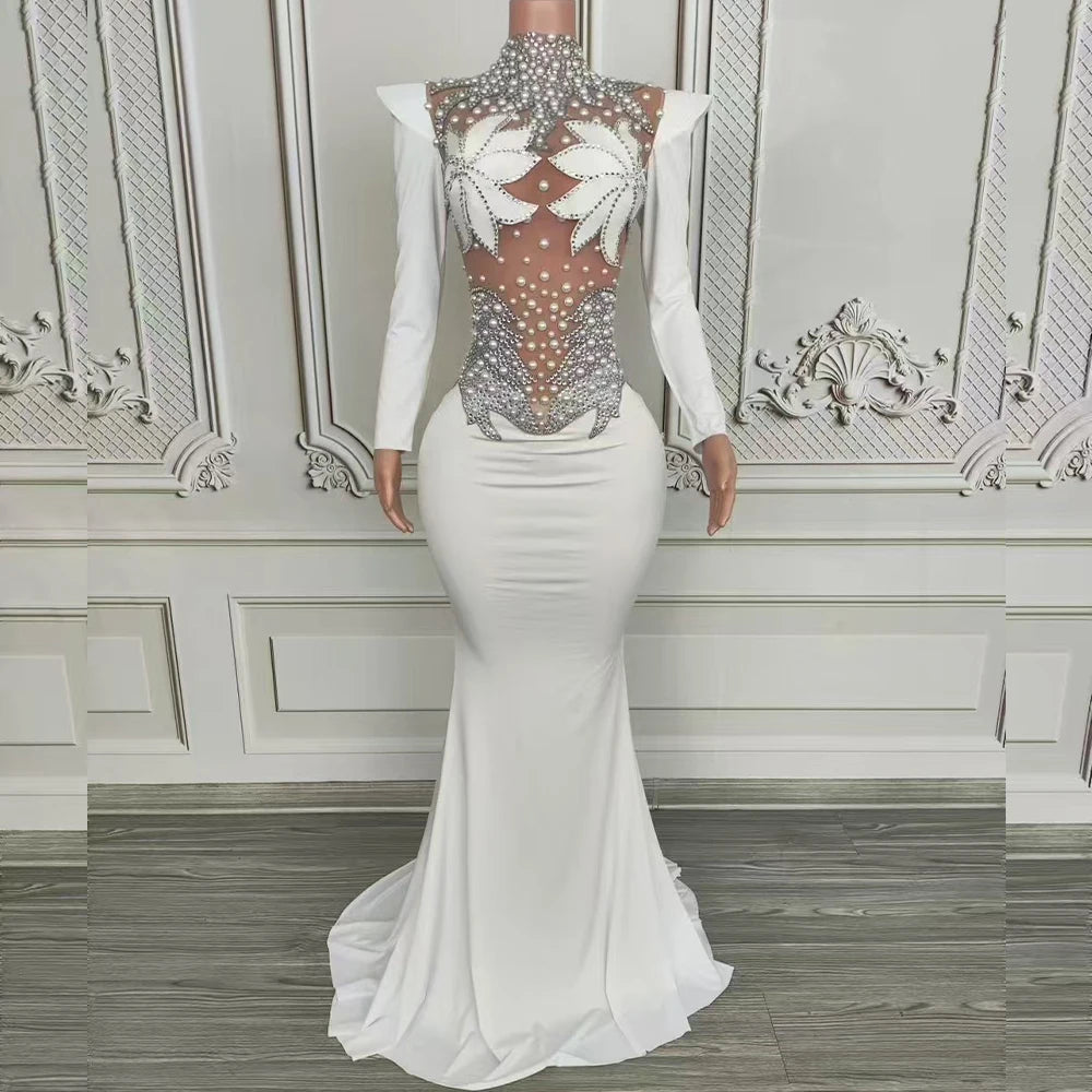 Robe longue en maille avec strass scintillants et perles pour femme, tenue de soirée sexy pour bal de promo, mariage, anniversaire, séance photo 