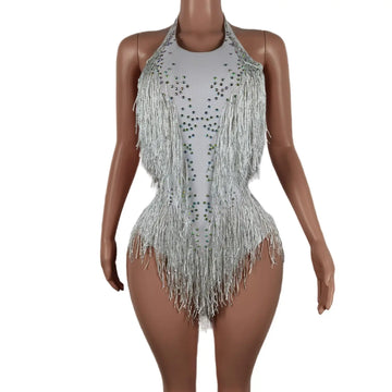 Sparkling Rhinestone Fringe Bodysuit for Women - Sexy Sequin Tassel Dance Costume for Latin Performance and Stage Shows
