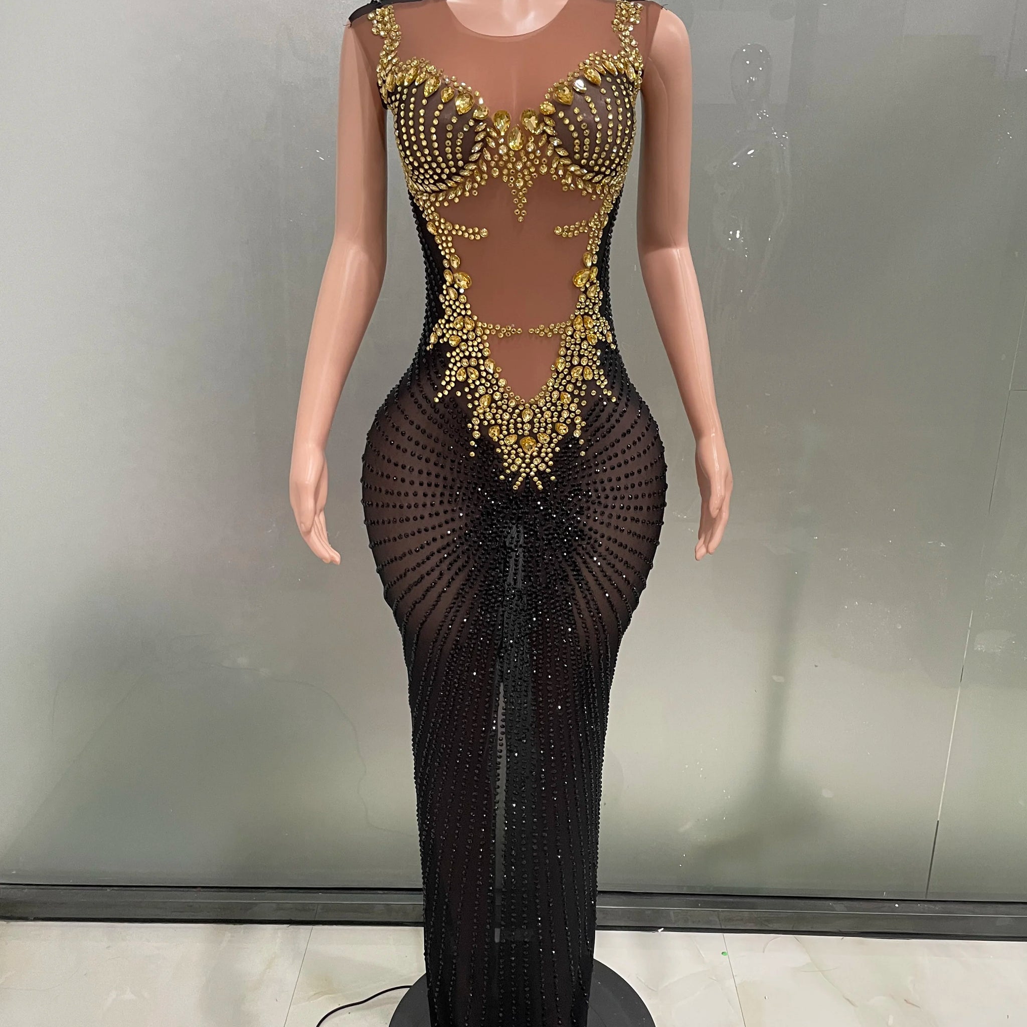 Robe longue sans manches à strass scintillants pour femme, tenue sexy pour anniversaire, soirée, bal, séance photo, spectacle 