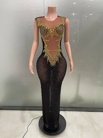 Robe longue sans manches à strass scintillants pour femme, tenue sexy pour anniversaire, soirée, bal, séance photo, spectacle 