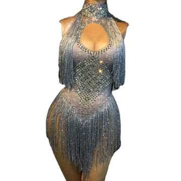 Superbe body de danse à pompons et strass pour femme - Tenue de scène, de discothèque et de fête