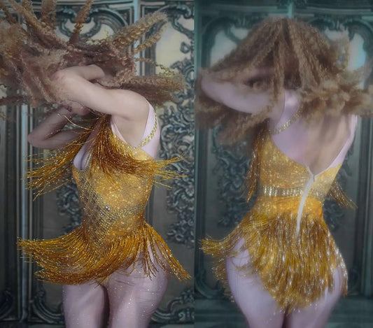 Superbe body de danse à pompons et strass pour femme - Tenue de scène, de discothèque et de fête
