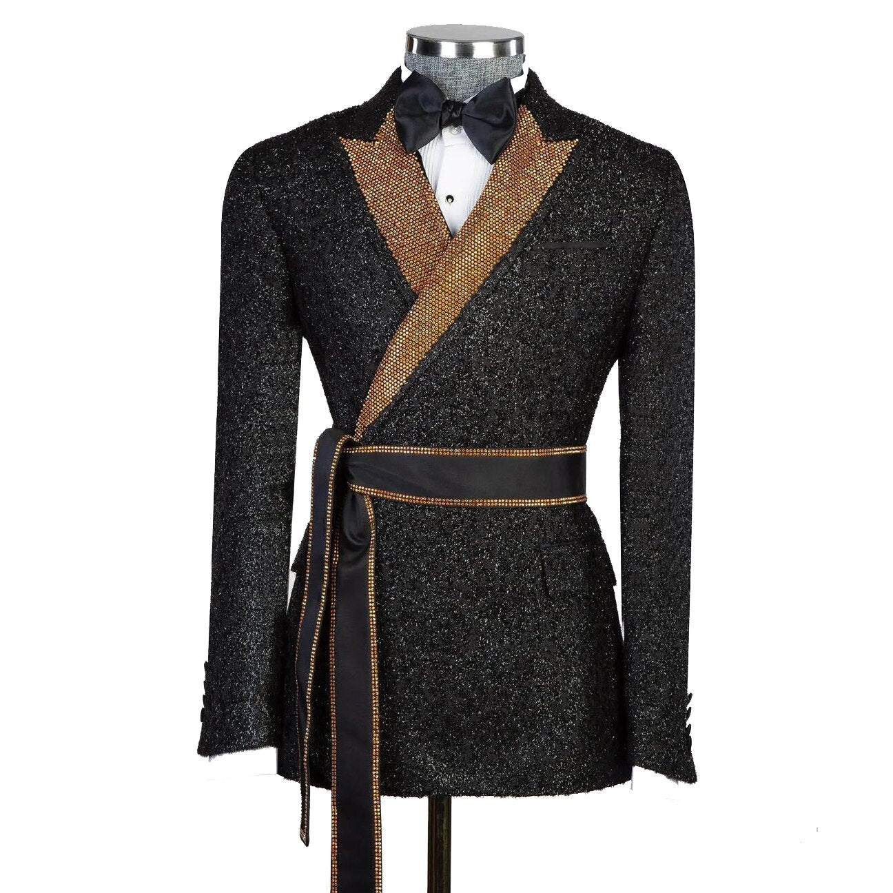 Chaqueta de hombre con lentejuelas brillantes, corte entallado, botonadura sencilla, solapas de pico, esmoquin de boda con cinturón y pantalones negros. 