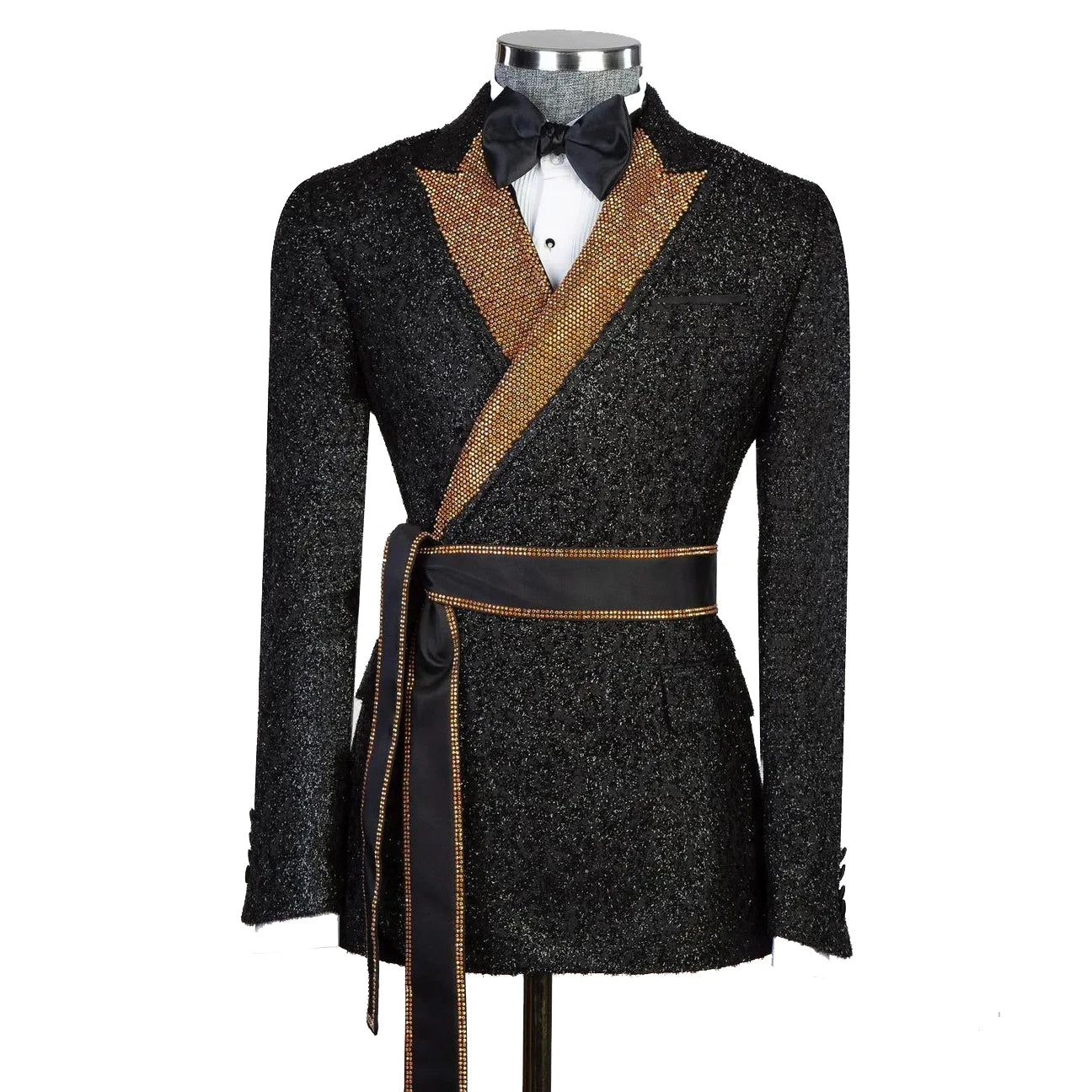 Chaqueta de hombre con lentejuelas brillantes, corte entallado, botonadura sencilla, solapas de pico, esmoquin de boda con cinturón y pantalones negros. 
