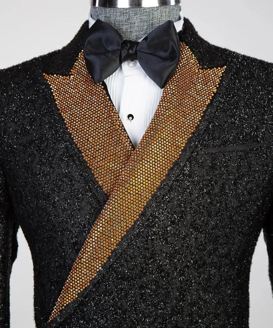 Sparkly Sequined Men Jacket Slim Fit Single Breasted Peaked Lapel Outfits Wedding Tuxedos with Belt Black Pants