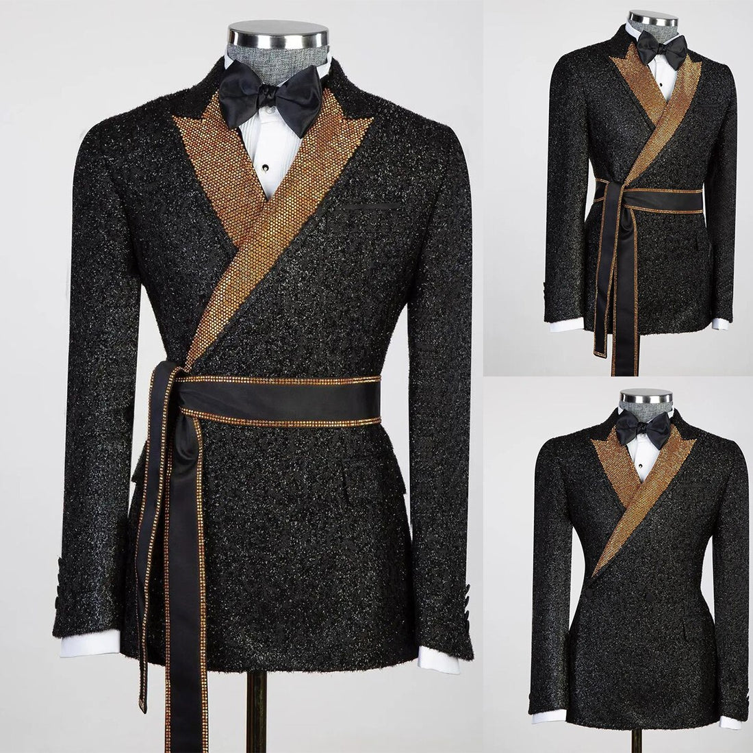 Chaqueta de hombre con lentejuelas brillantes, corte entallado, botonadura sencilla, solapas de pico, esmoquin de boda con cinturón y pantalones negros. 