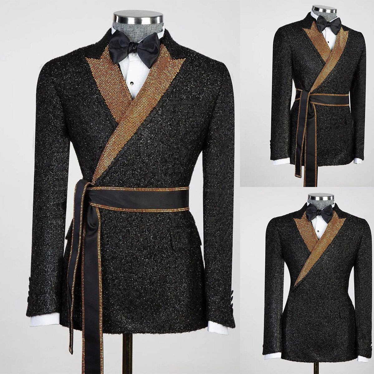 Chaqueta de hombre con lentejuelas brillantes, corte entallado, botonadura sencilla, solapas de pico, esmoquin de boda con cinturón y pantalones negros. 