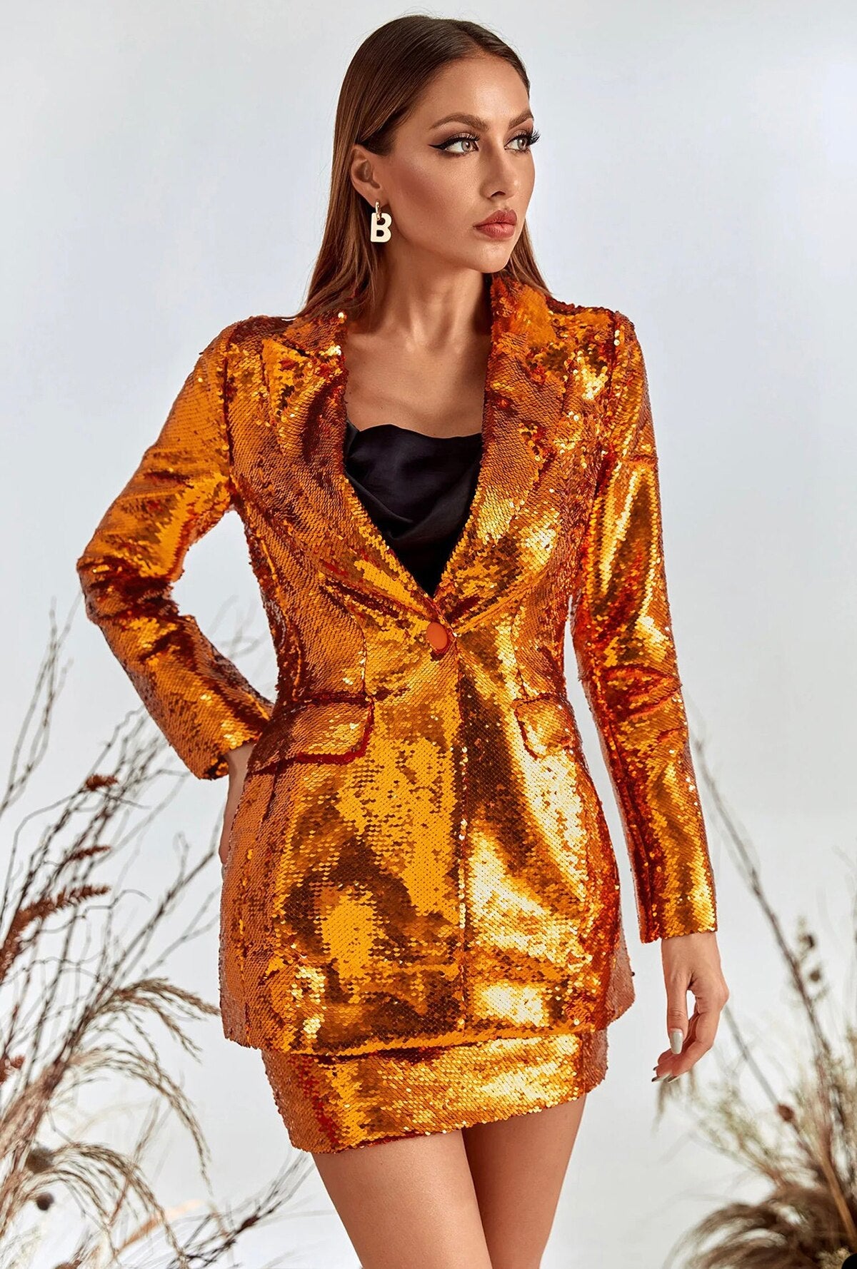 Sparkly Sequined Women Blazer Suits V Neck Evening Party Ladies Skirts For Wedding Loose Two Pieces