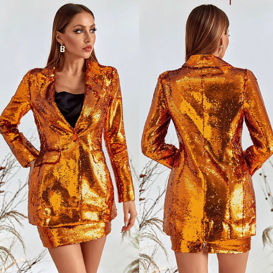 Blazer à paillettes scintillantes pour femme, ensemble deux pièces ample, col en V, jupe de soirée, pour mariage