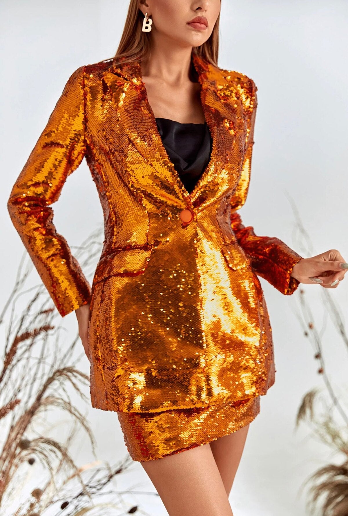 Sparkly Sequined Women Blazer Suits V Neck Evening Party Ladies Skirts For Wedding Loose Two Pieces