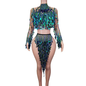 Ensemble 2 pièces haut à paillettes scintillantes et jupe à franges pour femme, tenue de danse exotique, costume de spectacle sur scène pour showgirl 