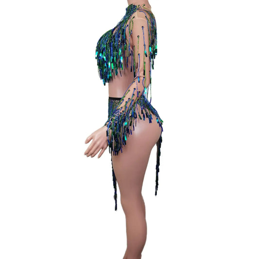 Ensemble 2 pièces haut à paillettes scintillantes et jupe à franges pour femme, tenue de danse exotique, costume de spectacle sur scène pour showgirl 