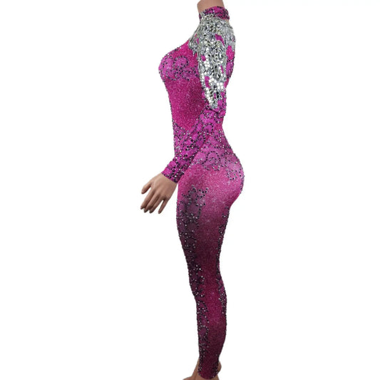 Combinaison de danse à manches longues et cristaux roses scintillants pour filles – Idéale pour les fêtes, les séances photo et les occasions spéciales 