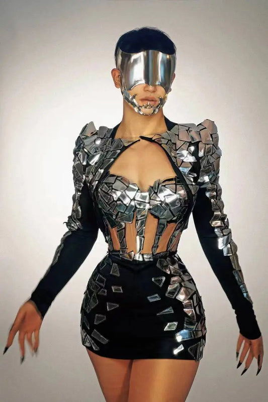 Glamorous Silver Mirror Cutout Mini Dress for Stunning Parties, Performances, and Celebrations