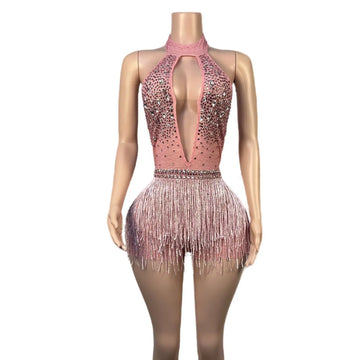 Dazzling Rhinestone Tassel Bodysuit for Nightclub Dance and Stage Performances – Backless Party Outfit for Female Singers and Performers