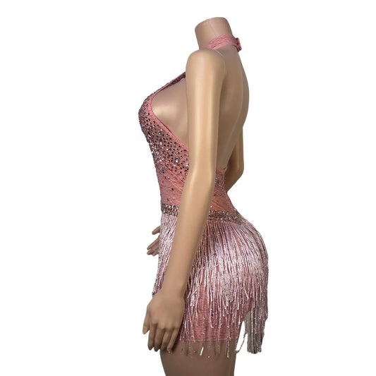 Dazzling Rhinestone Tassel Bodysuit for Nightclub Dance and Stage Performances – Backless Party Outfit for Female Singers and Performers