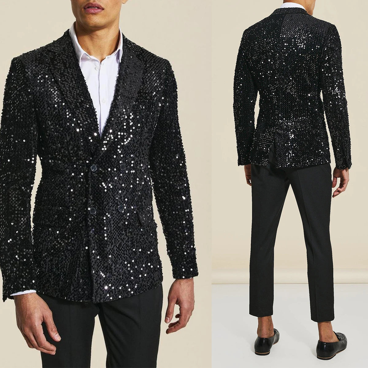 Smoking noir scintillant pour homme - Costume croisé coupe slim avec revers crantés - Parfait pour les mariages et les événements formels