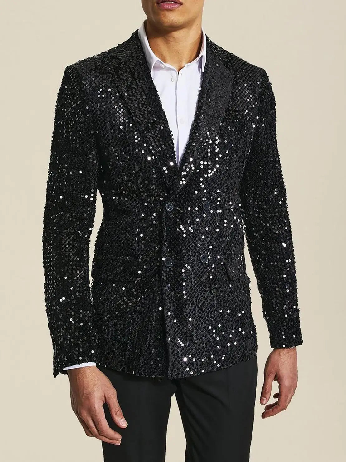 Smoking noir scintillant pour homme - Costume croisé coupe slim avec revers crantés - Parfait pour les mariages et les événements formels