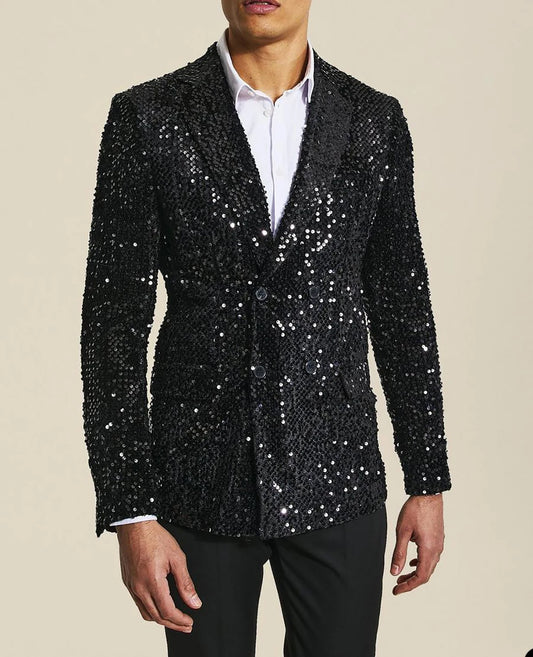 Sparkling Black Tuxedo for Men - Slim Fit Double Breasted Suit with Notch Lapel - Perfect for Weddings and Formal Events