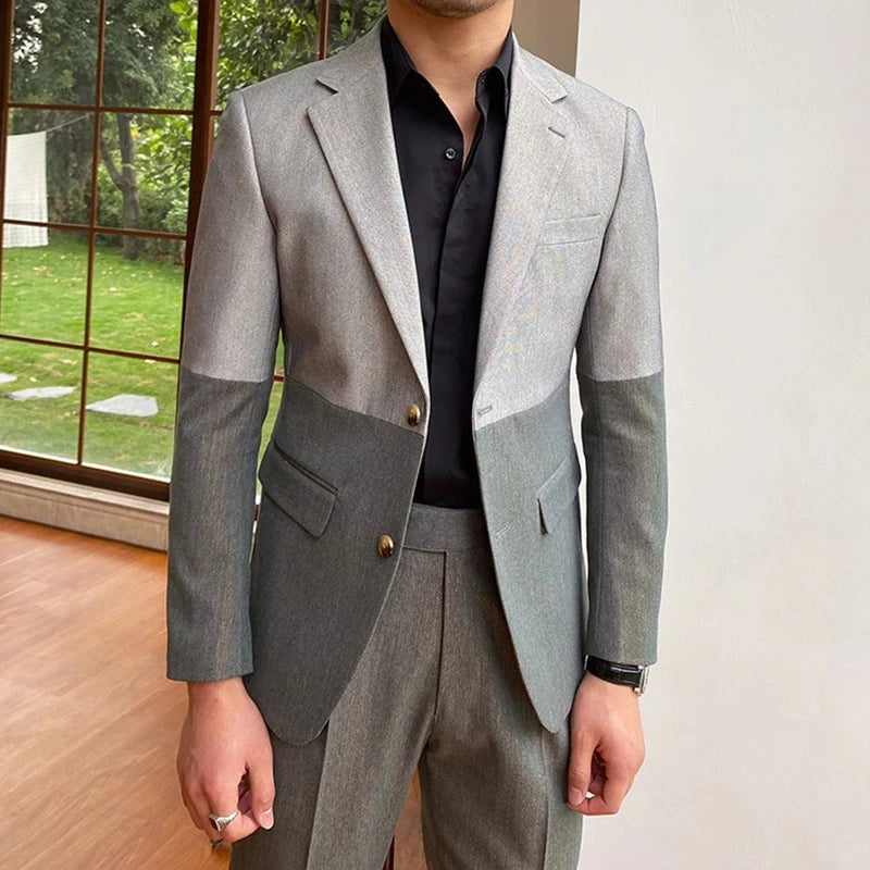 Special Grey Patchwork Men Suits Slim Fit 2 Piece Notch Lapel Wedding Groom PromCustom Made Daily Wear Blazer Jacket+Pant