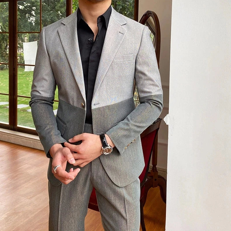 Trajes de hombre de patchwork gris especial, corte entallado, 2 piezas, solapa con muesca, para boda, novio, graduación, chaqueta y pantalón de diario hechos a medida.