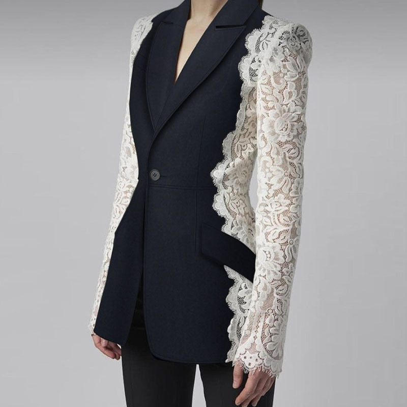 Splicing Colors Lace Women Suit Blazer Black Jacket 1 Piece Elegant French Haute Couture One Button Coat In Stock