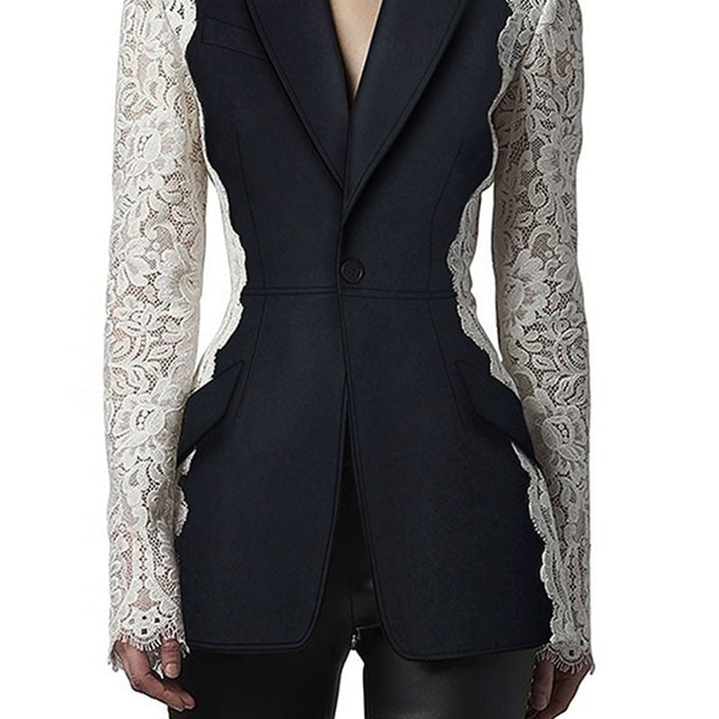 Splicing Colors Lace Women Suit Blazer Black Jacket 1 Piece Elegant French Haute Couture One Button Coat In Stock