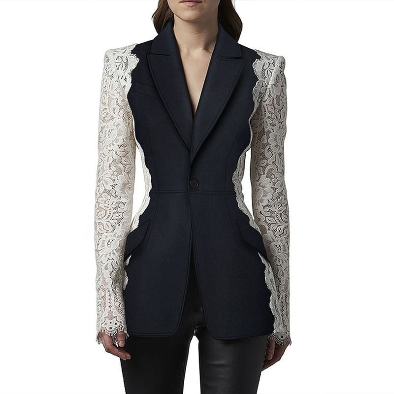 Costume femme en dentelle de couleurs épissées, veste noire, 1 pièce, élégant manteau français haute couture à un bouton, en stock 