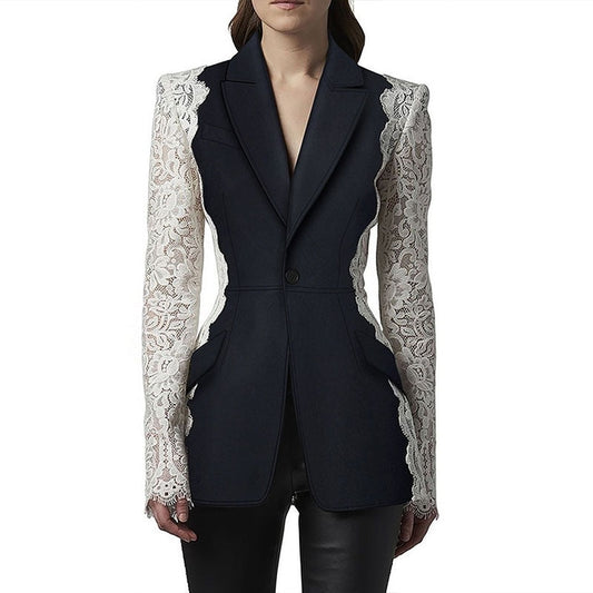 Splicing Colors Lace Women Suit Blazer Black Jacket 1 Piece Elegant French Haute Couture One Button Coat In Stock