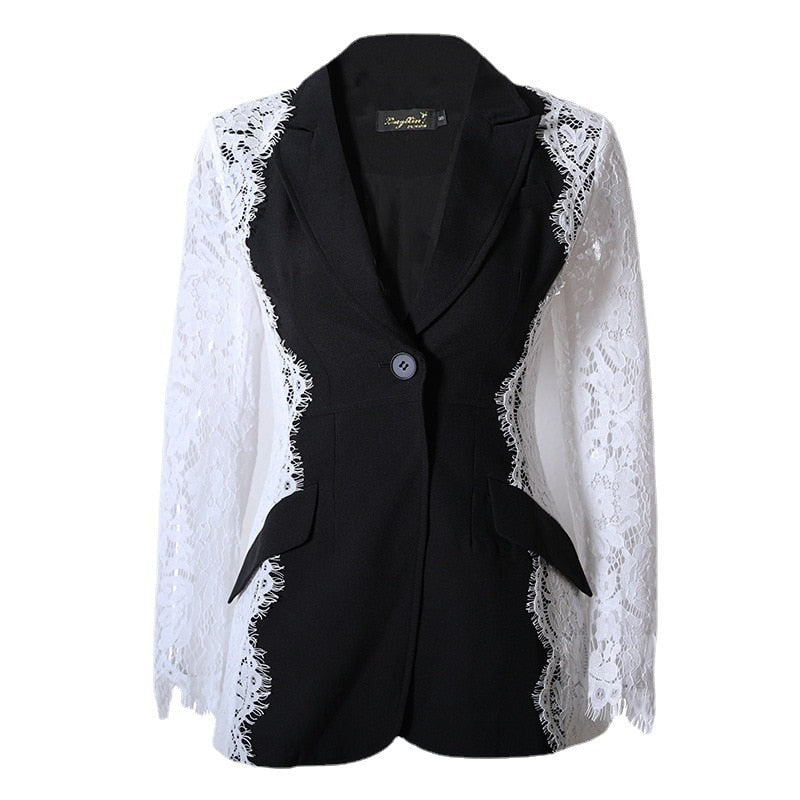 Splicing Colors Lace Women Suit Blazer Black Jacket 1 Piece Elegant French Haute Couture One Button Coat In Stock