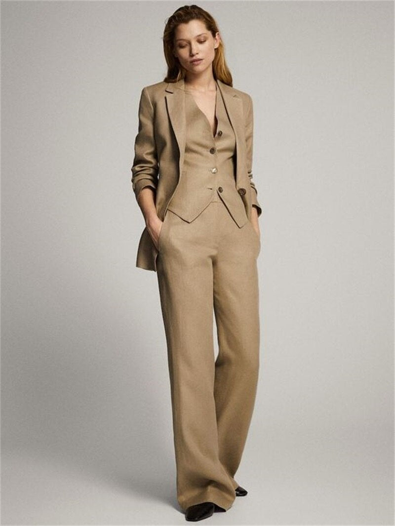 Spring 3 Pcs Women Suit Set Blazer+Vest+Pants Prom Dress Formal Khaki Office Lady Custom Size Wedding Tuxedo