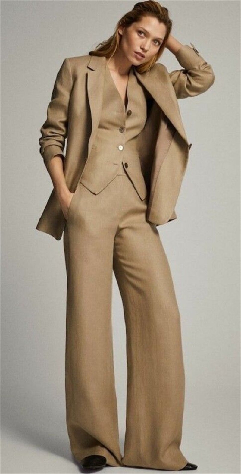 Conjunto de traje de primavera de 3 piezas para mujer, blazer, chaleco y pantalones, vestido de fiesta, formal, caqui, para oficina, talla personalizada, esmoquin de boda. 