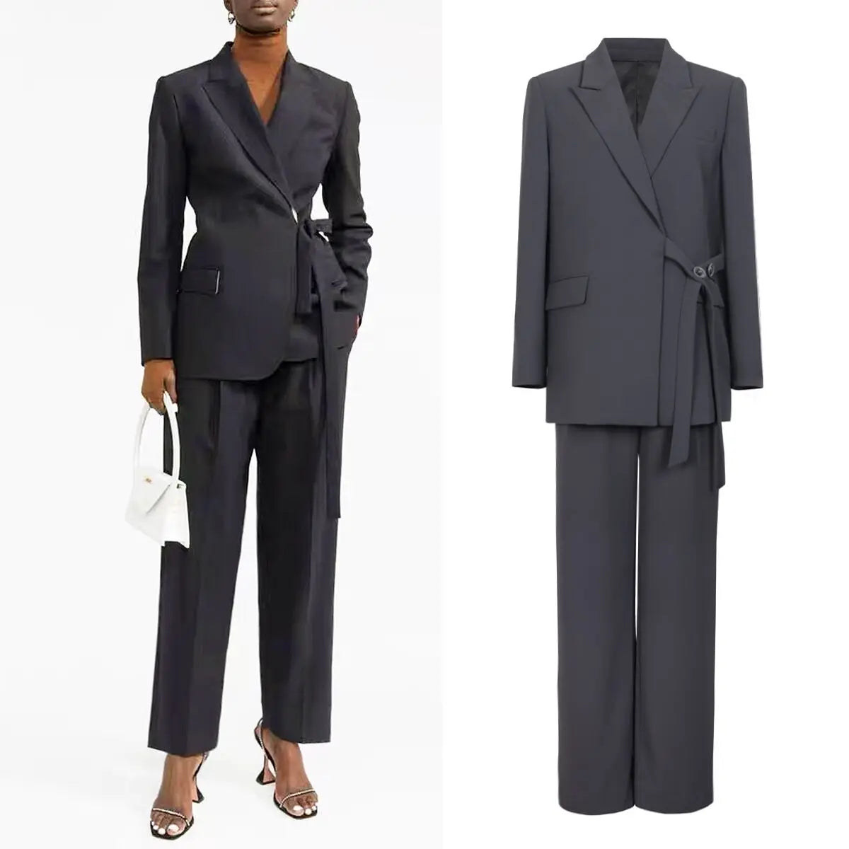 Women's Pants Set 2 Pcs Lace Up Waist Belt Blazer Trousers Temperament