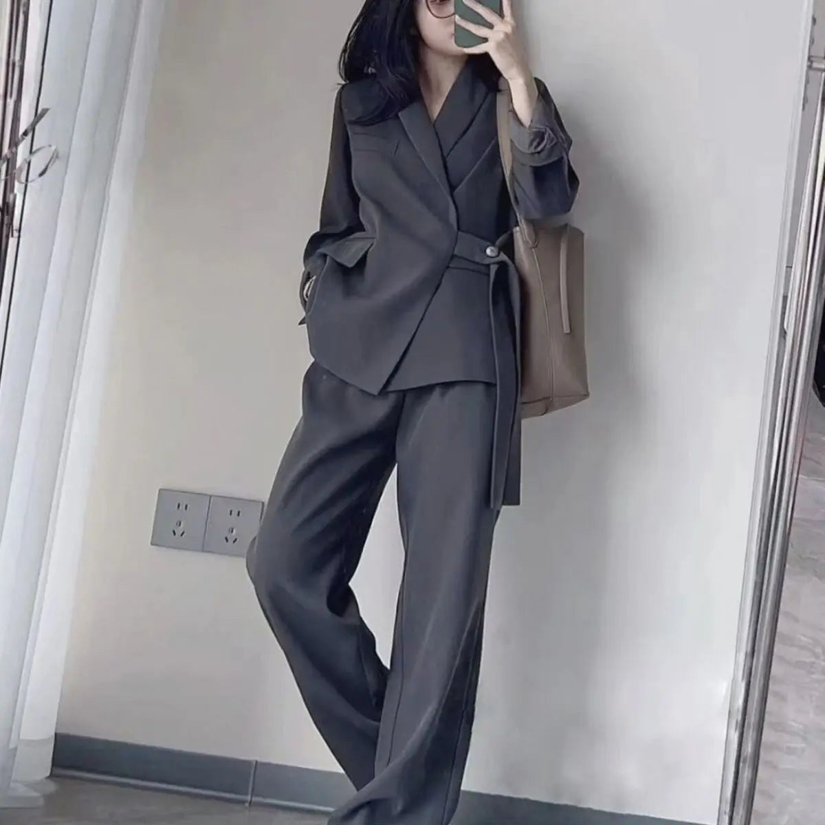 Women's Pants Set 2 Pcs Lace Up Waist Belt Blazer Trousers Temperament