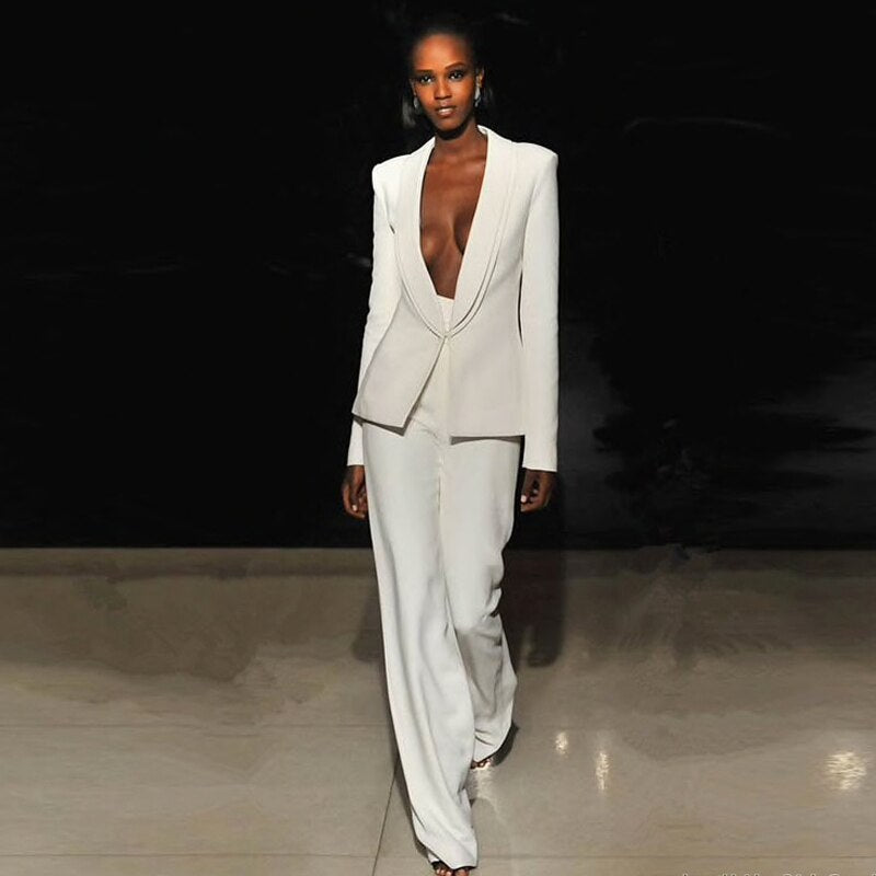 Ensemble pantalon pour femme, tenue de soirée, smoking blanc, tenue de bureau, 2 pièces 