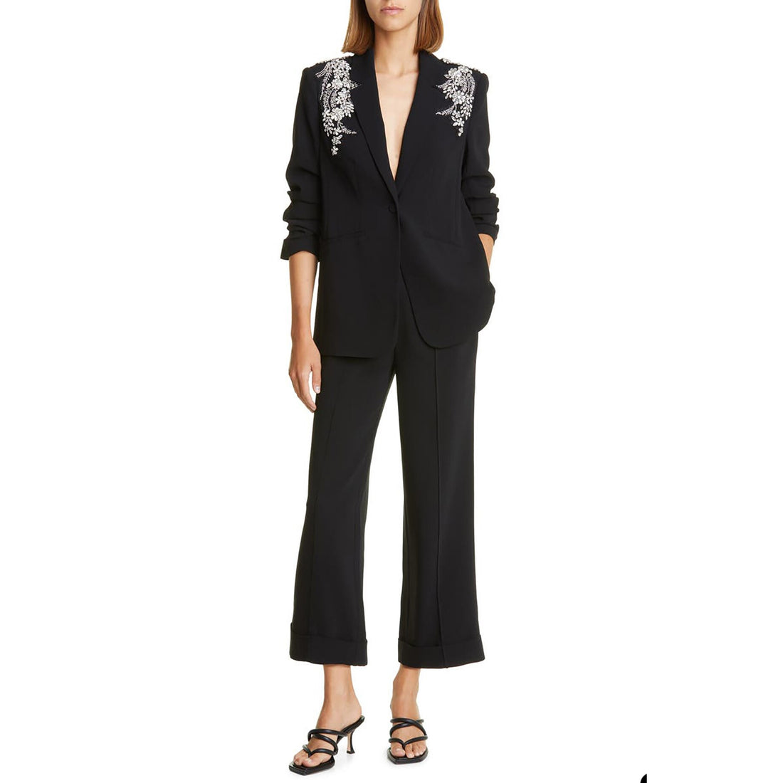 Costume de mariage noir pour femme, avec pantalon et perles en cristal, pour mère de la mariée, tenue de soirée, blazer, tenue de soirée 