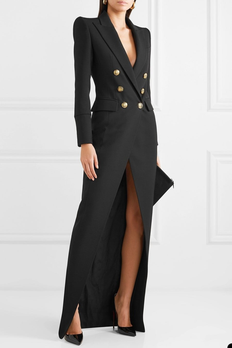 Costume veste longue croisée noire et dorée pour femme, tenue de soirée sur mesure pour bal de promo 
